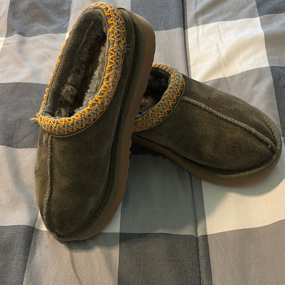 UGG Forest Green Slippers with Mustard Trim